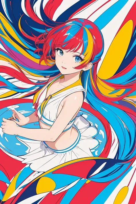 (masterpiece, best quality:1.3), (flat color:1.3),(colorful:1.3),looking at viewer,1girl,solo,floating colorful water,(2D:1.3)