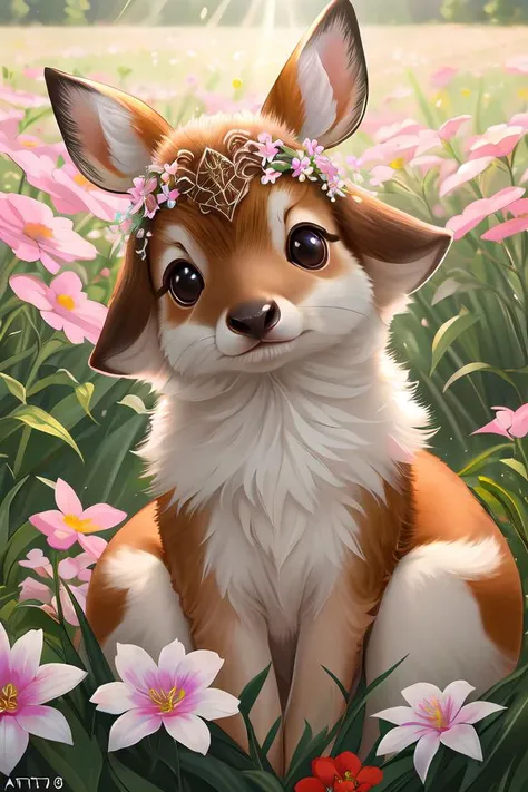 photo of a cute little baby deer surrounded by beautiful flowers in a meadow, 8k resolution concept art( intricate details:1.2), beautiful eyes, sunlight, (high quality:1.2), trending on artstation, 8k, absurdres, chibi, extremely detailed fur,(close up:1.1)