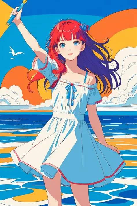 (masterpiece, best quality:1.3), (flat color:1.3),(colorful:1.3),looking at viewer,1girl,solo,floating colorful water,(2D:1.3)