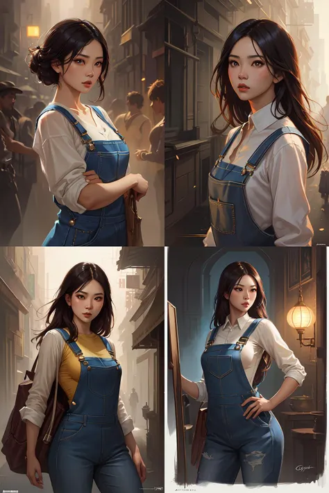 a fierce yet beautiful Asian woman wearing overalls, highly detailed, digital painting, artstation, concept art, sharp focus, illustration, cinematic lighting, art by artgerm and greg rutkowski and alphonse mucha