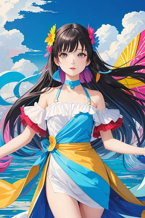 (flat color:1.1),(colorful:1.3),(masterpiece:1.2), best quality, masterpiece, original, extremely detailed wallpaper, looking at viewer,1girl,solo,floating colorful water