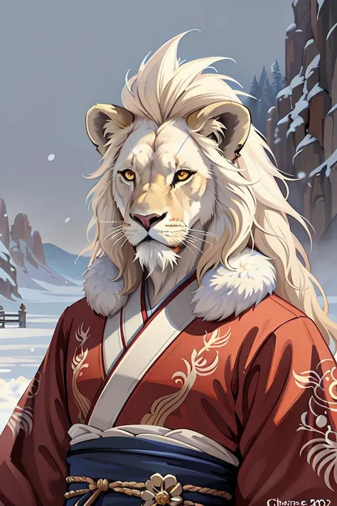 aesthetic half body portrait commission of a albino male furry anthro lion wearing a Kimono, detailed face , hyperdetailed, snowy winter atmosphere. Character design by charlie bowater, ross tran, artgerm, and makoto shinkai, detailed, inked, western comic book art, 2021 award winning painting