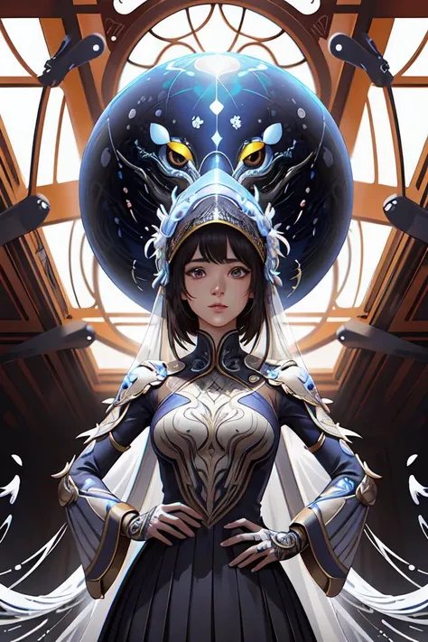 detailed procedural render skeksis in fluid action scene of chrome pleated space dress protects the acrobatic coolest girl from doom as the planet they stand sends spores surround her, photorealism, sharp focus, award winning, volumetric, raytracing, tristan eaton, victo ngai,, maxfield parrish, artgerm, intricate details, portrait, bokeh