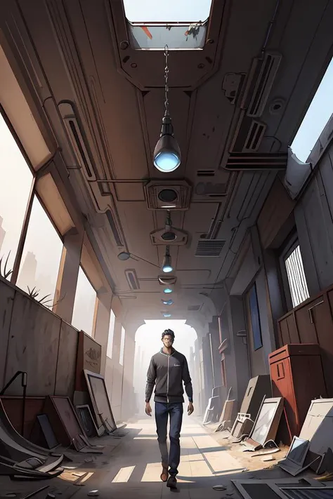 concept art by greg rutkowski, a very tall and slender young man, dressed in patient clothes and an open sweatshirt, wandering through the desolate, futuristic, brutalist interior of a space colony, depressing atmosphere, low lighting, scifi, highly detailed portrait, digital painting, artstation, concept art, smooth, sharp foccus ilustration, artstation hq