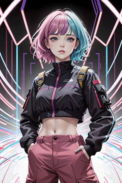 a award winning half body portrait of a beautiful woman in a croptop and cargo pants with ombre purple pink teal hairstyle and hands in pockets by ari liloan, surrounded by whirling illuminated lines, outrun, vaporware, shaded flat illustration, digital art, trending on artstation, highly detailed, fine detail, intricate