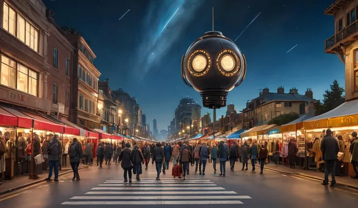 8k,masterpiece,best quality, science fiction, future style \(module\),steampunk, landscape,Mysterious and Steel Cold, crowding street, stars sky, a small aerobat, and universe in the sky, empty, (street view),people,cars,shopping,festival, smoking, cure happy, activity,sunny,cellphone, robots,abstract dream, space, intricate, grand scale, alone, cinematic film still, insane detail, sharp focus, depth of field, realistic lighting, (realistic perspective), complex, (multiple subjects), 4k HDR,use your imagination, evenly mix females and males of all ages and races in same proportions, (Asians) and Europeans and Africans and Latinos, don't forget to add some kids and (((old) people)), all faces and pictures must be different, use all spectre of your different emotions from happiness to anger, do what you want and how you want,