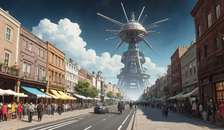 8k,masterpiece,best quality, science fiction, future style \(module\),steampunk, landscape,Mysterious and Steel Cold, crowding street, stars sky, a small aerobat, and universe in the sky, empty, (street view),people,cars,shopping,festival, smoking, cure happy, activity,sunny,cellphone, robots,abstract dream, space, intricate, grand scale, alone, cinematic film still, insane detail, sharp focus, depth of field, realistic lighting, (realistic perspective), complex, (multiple subjects), 4k HDR,use your imagination, evenly mix females and males of all ages and races in same proportions, (Asians) and Europeans and Africans and Latinos, don't forget to add some kids and (((old) people)), all faces and pictures must be different, use all spectre of your different emotions from happiness to anger, do what you want and how you want,