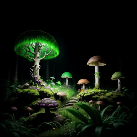 monsterpunk forest at night, mossy, mushrooms <lora:randompunk:1.0>