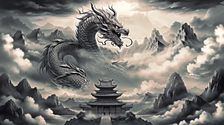 Dragon,eastern Dragon,east asian architecture,architecture,Monochrome,cloud,grayscale,null,fog,scenery,horn,Mountain,cloudy null,