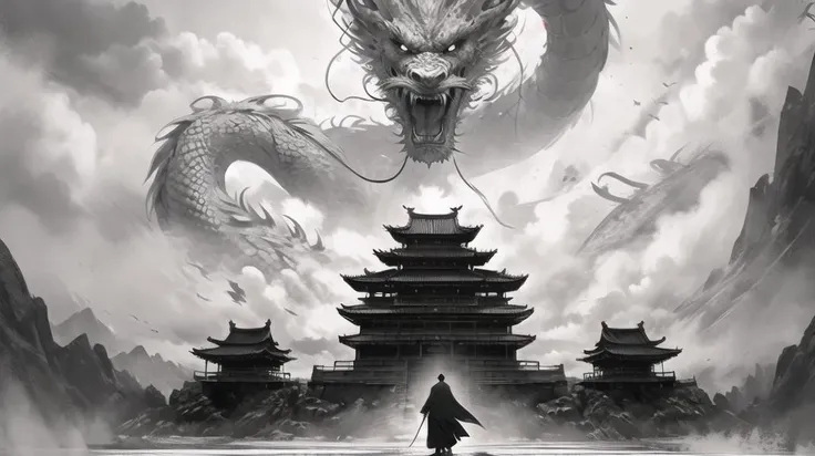 arafed image of a man standing in front of a dragon, chinese fantasy, by Yang J, by Shen Quan, god of dragons, by Qu Leilei, symmetrical epic fantasy art, chinese dragon concept art, by Yang Borun, by Yang Jin, by Huang Shen, by Fan Qi, inspired by Fenghua Zhong, by Li Zai
