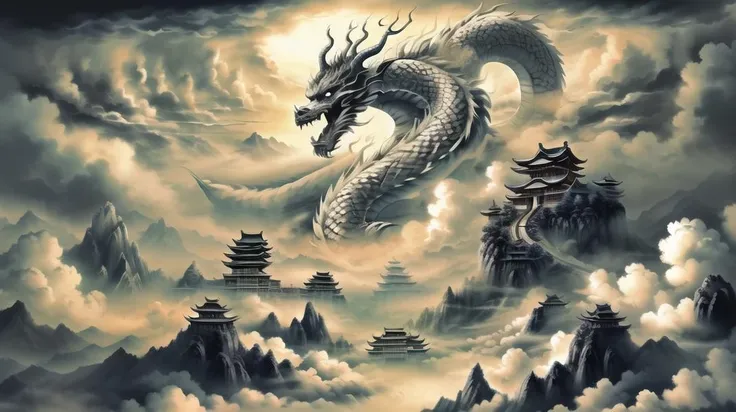Dragon,eastern Dragon,east asian architecture,architecture,Monochrome,cloud,grayscale,null,fog,scenery,horn,Mountain,cloudy null,