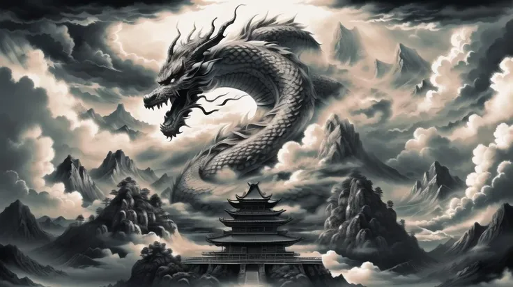 dragon,eastern dragon,east asian architecture,architecture,monochrome,cloud,greyscale,sky,fog,scenery,horns,mountain,cloudy sky,giant,<lora:woyouyijian:0.6>,