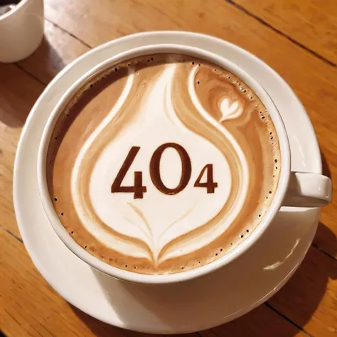 A close-up image of a freshly brewed cup of coffee on a table. The coffee has a rich, creamy froth on top artistically shaped to display the numbers "404". The cup is centered on a saucer, with subtle steam rising, indicating its warmth. The background shows the blurred edges of a wooden table and the ambient coziness of a cafe setting, <lora:latte_art:0.45>