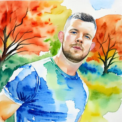 A (watercolor painting:1.3) of rTovey wearing a shiny skintight pumpkin orange rubber latex t-shirt, standing in a lush park in autumn, orange leaves on trees, leaves falling from trees, 1man, detailed body, detailed shadows, detailed background, incredible detail, incredible quality, best quality, high quality, <lyco:perfectsmile:0.5>, <lyco:perfecteyes:0.5>, <lora:rTovey:1>, (painting, watercolor paints, watercolor, watercolour, watercolours, painted:1.2), masculine, 1man, short beard