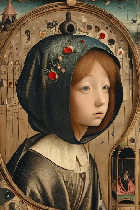 masterpiece,best quality,<lora:tbh189-:1>,style of  Hieronymus Bosch, tech genius teenage girl