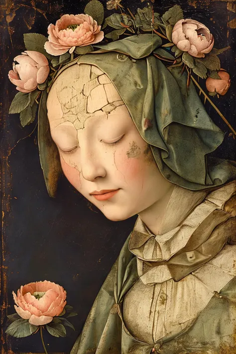 masterpiece,best quality,<lora:tbh189-:1>,style of Hieronymus Bosch, decaying peonies