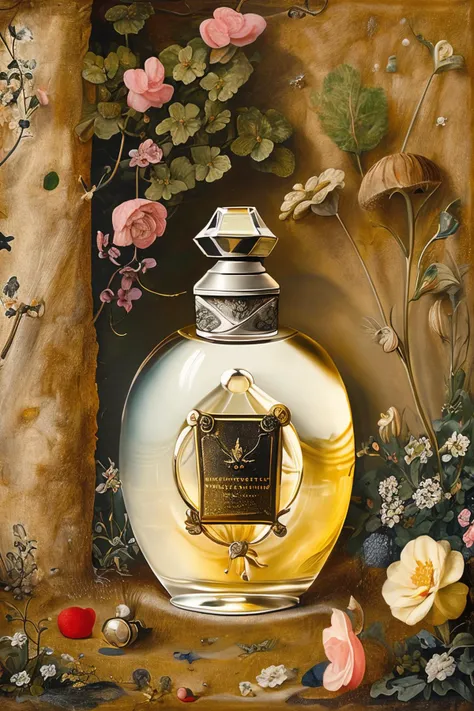 masterpiece,best quality,<lora:tbh189-:1>,style of Hieronymus Bosch, A bottle of perfume in garden