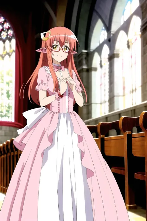 <lora:miiaV2-128:1> altmiia, bowtie hair, red glasses, slave collar, Red hair, yellow eyes, pointy ears, hair ornament, face scales, pink wedding dress, large chest, smiling, church,