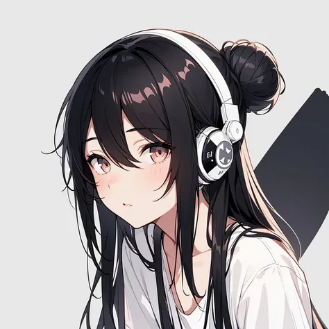 best quality, lineart, 1girl, long hair, black hair, sharp eyes, dim lighting, black and white, portrait, beautiful face, masterpiece, thin bangs, straight hair, high quality, white background, wearing white plain headphones, hair half in bun half down, looking downwards, cross strap shirt