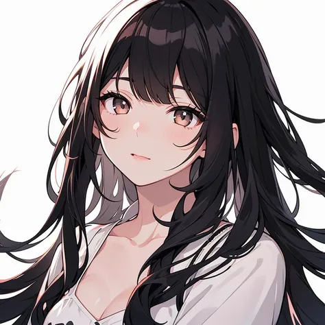 best quality, lineart, 1girl, long hair, black hair, sharp eyes, dim lighting, black and white, portrait, beautiful face, masterpiece, straight bangs, straight hair high quality, white background