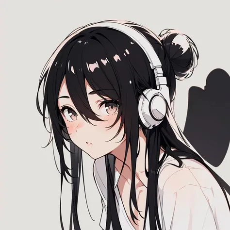 best quality, lineart, 1girl, long hair, black hair, sharp eyes, dim lighting, black and white, portrait, beautiful face, masterpiece, thin bangs, straight hair, high quality, white background, wearing white plain headphones, hair half in bun half down, looking downwards, c ross strap shirt