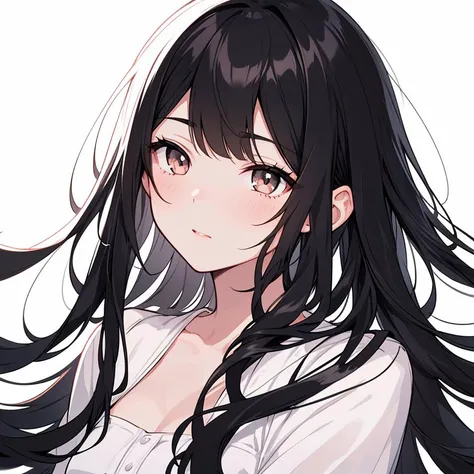 best quality, lineart, 1girl, long hair, black hair, sharp eyes, dim lighting, black and white, portrait, beautiful face, masterpiece, straight bangs, straight hair high quality, white background