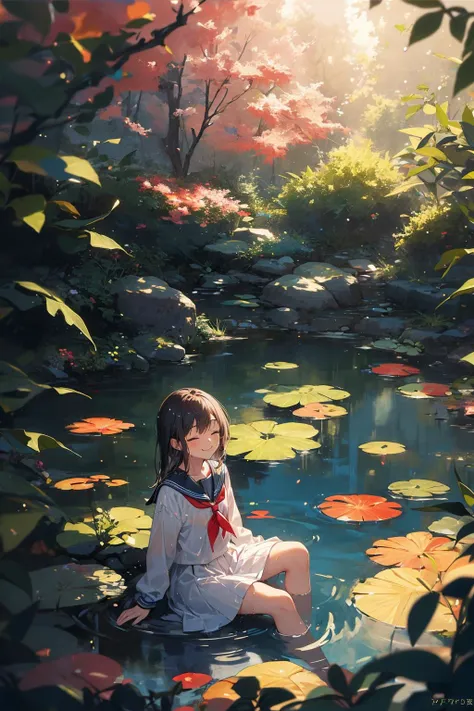 1girl, sitting, pond scenery, light beam, particles, (blurry background), dramatic lighting, wet, dappled sunlight, smile, eyes closed, from above, serafuku