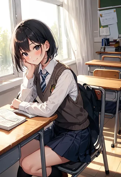 rating:safe, book, necktie, 1girl, striped necktie, desk, black hair, skirt, holding book, shoes, sweater vest, school uniform, sitting on desk, short hair, solo, sitting, kneehighs, striped, on desk, book stack, looking at viewer, indoors, long sleeves, smile, loafers, black legwear , blush, bangs, classroom, pleated skirt, school desk, holding, shirt, open book, black eyes, school chair, closed mouth, diagonal stripes, notebook, window