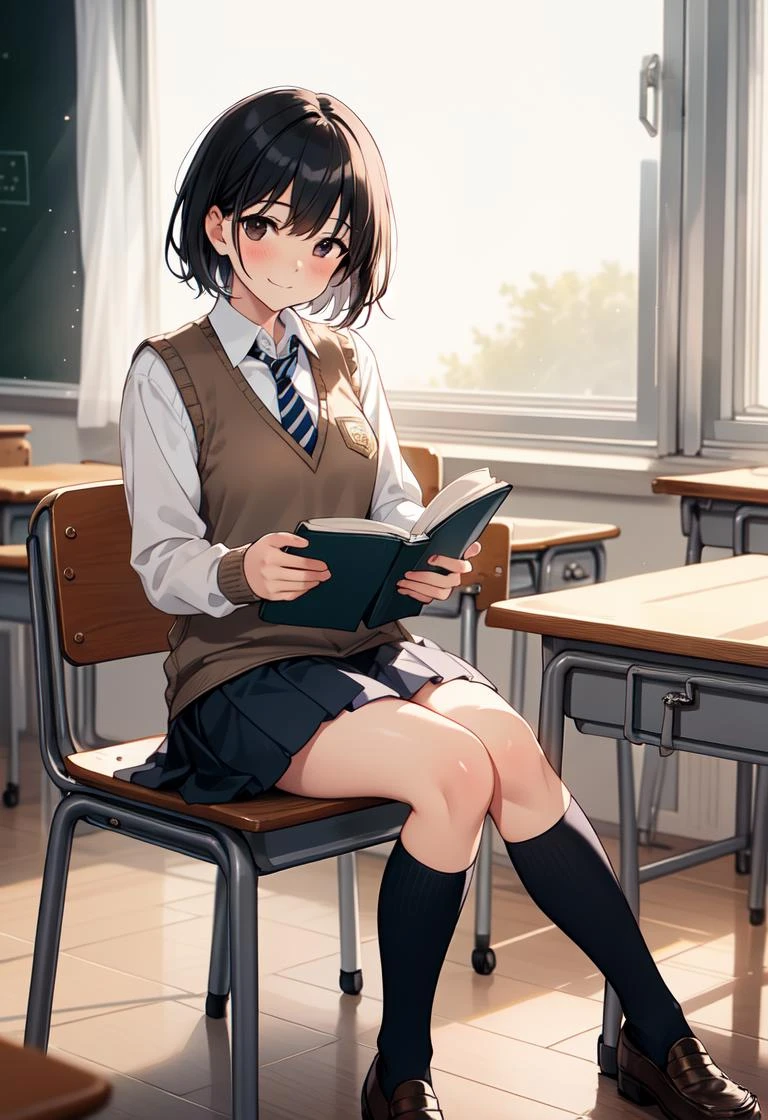 rating:safe, book, necktie, 1girl, striped necktie, desk, black hair, skirt, holding book, shoes, sweater vest, school uniform, sitting on desk, short hair, solo, sitting, kneehighs, striped, on desk, book stack, looking at viewer, indoors, long sleeves, smile, loafers, black legwear , blush, bangs, classroom, pleated skirt, school desk, holding, shirt, open book, black eyes, school chair, closed mouth, diagonal stripes, notebook, window