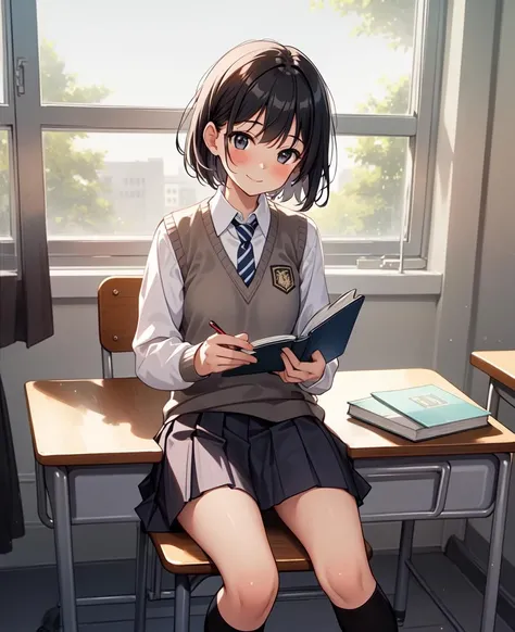 rating:safe, book, necktie, 1girl, striped necktie, desk, black hair, skirt, holding book, shoes, sweater vest, school uniform, sitting on desk, short hair, solo, sitting, kneehighs, striped, on desk, book stack, looking at viewer, indoors, long sleeves, smile, loafers, black legwear , blush, bangs, classroom, pleated skirt, school desk, holding, shirt, open book, black eyes, school chair, closed mouth, diagonal stripes, notebook, window