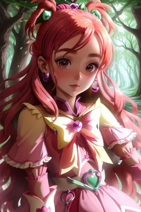 woman in a mythical forest, masterpiece, perfect face, intricate details, horror theme <lora:Pretty_Cure:1> mishou_mai, hyuuga_saki, yumehara_nozomi, yukishiro_honoka, misumi_nagisa