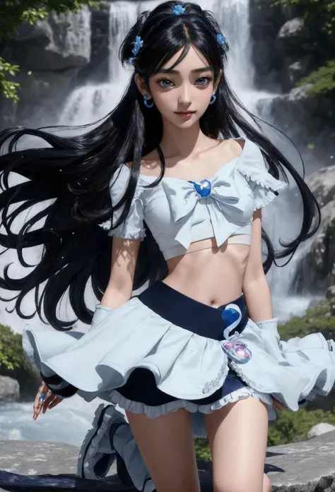 a photo of beautiful girl yukishiro_honoka, ((masterpiece, best quality, intricate details, high detailed:1.2)), (1girl, Yukishiro Honoka, young face:1.2), black hair, long hair, detail hair, ((beautiful face:1.5)), ((clear eyes, perfect eyes, high detailed face, gorgeous face, realism, soft light, sharp)), navel, midriff, smile, crop top, full body, 1girl, gloves, looking at viewer, small natural breast, midriff, thong under skirt, solo, standing on one leg, stomach, nice waterfall, spring background, <lora:Honoka Yukishiro Pretty Cure:1>