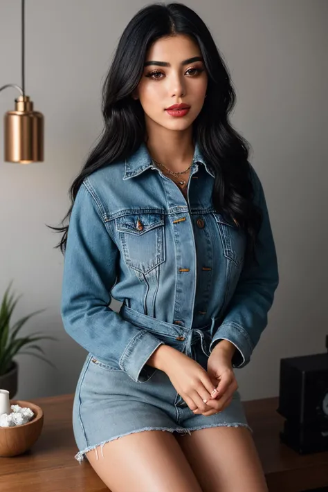 photo of (EPC4r04zm1:0.99), closeup portrait, perfect hair, (modern photo, mauve Denim jacket ), 24mm, (analog, cinematic, film grain:1.3), ((staircase, bedsheets,pendant light,alarm clock,chairs,bowls, limestone, ethanol or bioethanol fireplace,wall sconces, uplighting, gradient:1.1)), ((detailed eyes)), ((eyeliner, long lashes)), (epicPhoto), long eyelashes, (perfect waist), (painted lips)