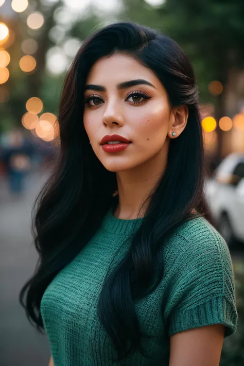 photo of (EPC4r04zm1:0.99), closeup portrait, perfect hair, (modern photo, Knit top), 24mm, (analog, cinematic, film grain:1.3), ((ethereal goblet and mead hall, diorite stone,green roofing roof,terracotta, torches (traditional or modern), gas lanterns (outdoor), gradient:1.1)), ((detailed eyes)), ((eyeliner, long lashes)), (epicPhoto), long eyelashes, (perfect waist), (painted lips)