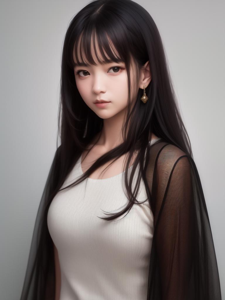 A woman with long black hair and a white top - SeaArt AI