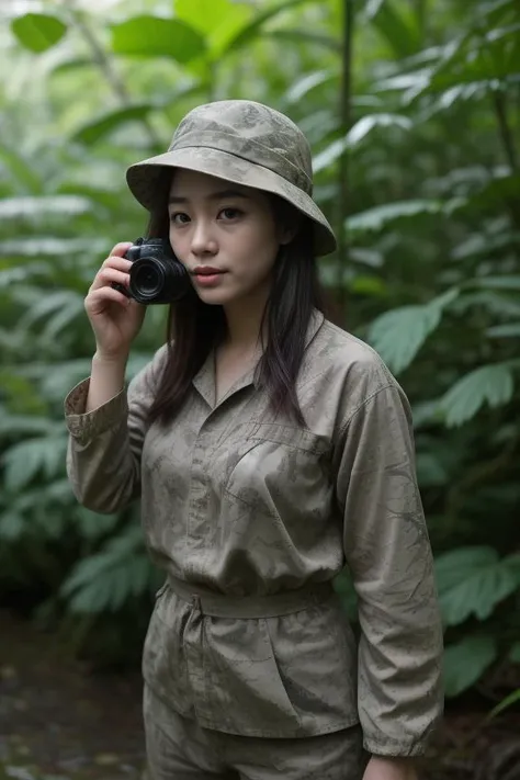 8. Female wildlife photographer (ethnicity: White, age: mid-30s) in a dense rainforest (setting: natural, wild). She's in camouflaged outdoor gear (fabric: waterproof, green) with her hair under a hat, and no makeup. She's photographing exotic birds (action: patient, silent), her stance steady and unobtrusive.