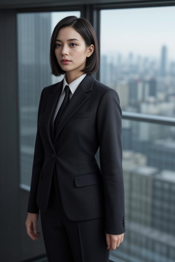 A woman in a suit standing in front of a window - SeaArt AI