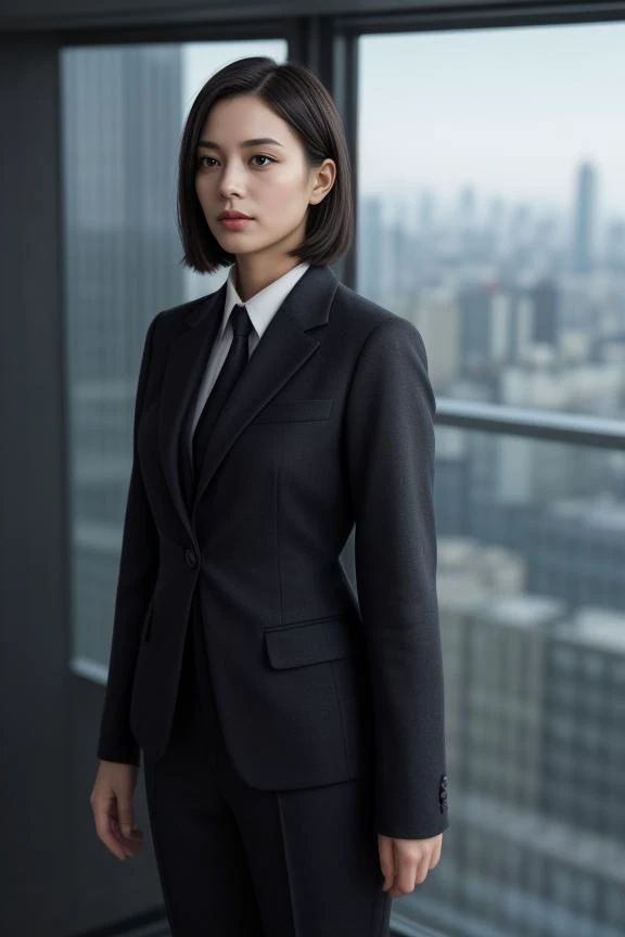 4. Female executive (ethnicity: Black, age: 40s) in a high-rise office (setting: modern, overlooking a cityscape). She's in a sharp business suit (fabric: fine wool, tailored) with her hair styled in a sleek bob, and professional makeup. She's looking out the window (view: sprawling city below), her pose powerful and contemplative.