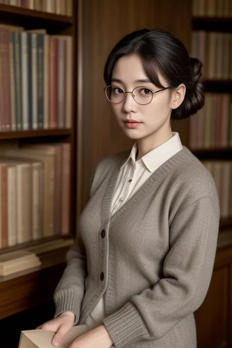 9. Female librarian (ethnicity: East Asian, age: 50s) in an old, grand library (setting: historic, book-filled). She's in a classic cardigan and skirt (fabric: wool, plaid) with her hair in a neat updo, and soft, intellectual makeup. She's categorizing ancient books (action: careful, knowledgeable), her expression serene and focused.