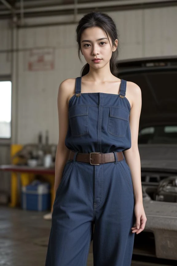 3. Young female mechanic (ethnicity: Hispanic, age: mid-20s) in a busy auto workshop (setting: industrial, cluttered). She's in a mechanic's jumpsuit (fabric: durable, oil-stained) with a tool belt. Her hair is tied back in a practical ponytail, with no makeup. She's working under a car (action: skilled, focused), her pose confident and capable.