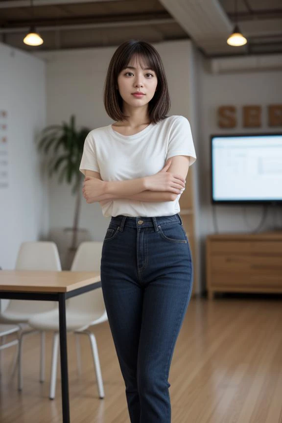 4. Young female entrepreneur (ethnicity: Caucasian, age: late 20s) in a trendy co-working space (setting: modern, collaborative). She's in smart-casual attire (fabric: comfortable, stylish) with her hair in a chic lob, and bright, confident makeup. She's pitching an idea (action: engaging, confident), her stance energetic and persuasive.