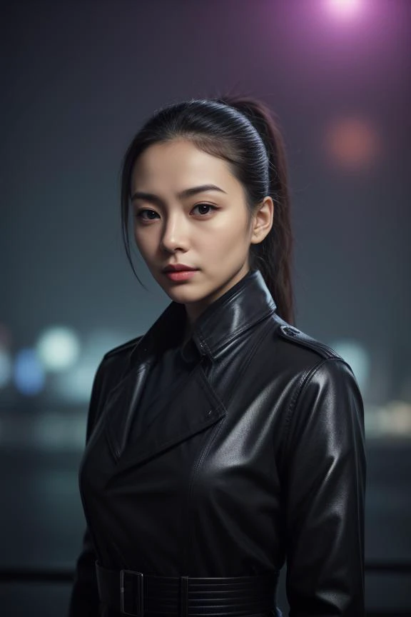 2. Female detective (ethnicity: Black, age: 30s) in a bustling city night (setting: neon-lit, urban). She's in a sleek trench coat (fabric: waterproof, dark) with her hair in a low ponytail, and sharp, understated makeup. She's examining clues (detail: focused, analytical), her stance determined and observant.