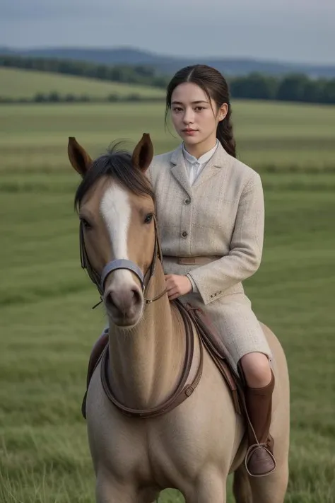 9. Female equestrian (ethnicity: White, age: mid-20s) in a rustic stable (setting: countryside, dawn). She's wearing traditional riding attire (fabric: tweed, fitted) with her hair in a low ponytail, and minimal, natural makeup. She's grooming a horse (breed: thoroughbred), her posture gentle and caring.