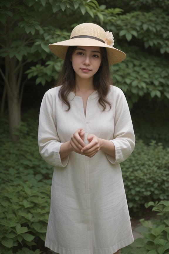 Arafed woman in a white dress and hat standing in a garden - SeaArt AI