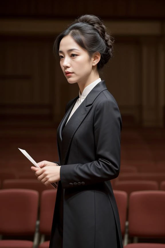 3. "Female symphony conductor (ethnicity: East Asian, age: mid-40s) at a grand concert hall (setting: opulent, acoustically perfect). She's in an elegant black tailcoat (fabric: silk, tailored) with her hair styled in a sophisticated updo, and makeup that's classic and commanding. She's directing an orchestra (action: dynamic, authoritative), her stance powerful and graceful, with the backdrop of an attentive, world-class ensemble and an engaged audience."