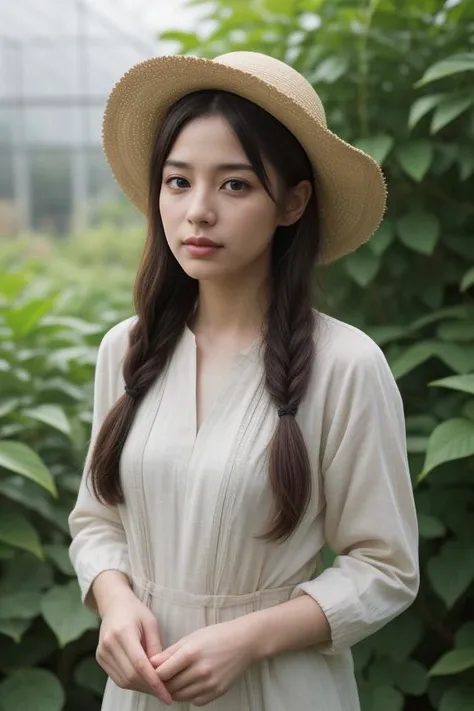 2. "Young female botanist (ethnicity: Middle-Eastern, age: late 20s) in a vibrant greenhouse (setting: lush, biodiverse). She's dressed in practical field attire (fabric: lightweight, earth-toned) with a wide-brimmed sun hat, her hair in a functional braid, and natural, minimal makeup. She's examining exotic plants (action: meticulous, curious), her expression one of fascination and dedication, amidst an array of rare and colorful flora."