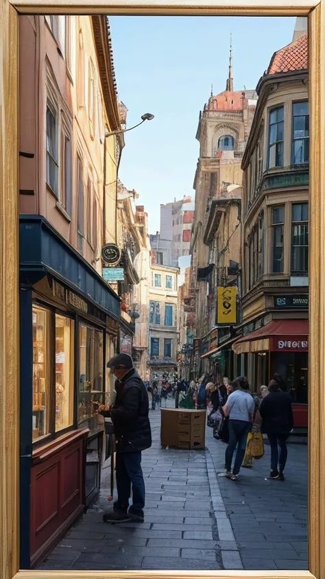 A painter on a bustling street, easel set up beside a lively café, capturing the dynamic vibrancy and colors of urban life, celebrating the captivating beauty of everyday scenes and artistic perceptions.