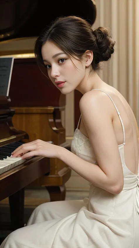 A woman, hands gracefully playing a grand piano in an opulent concert hall, notes resonating with emotion and elegance, creating an atmosphere filled with the enchanting beauty of musical mastery and artistic passion.