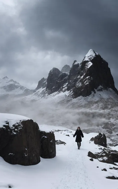 Navigating a Treacherous Mountain Path in a Blizzard: Visualize a perilous journey along a snow-laden mountain path, with fierce blizzard winds sculpting surreal snowdrifts and ice formations, under a brooding, stormy sky. (cinematic still of attractive young woman:1.3)