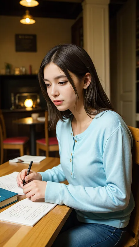 A writer, lost in thought at a quaint café, a worn journal open in front, the atmosphere rich with stories, aromas, and the invisible beauty of words taking flight into realms of imagination.